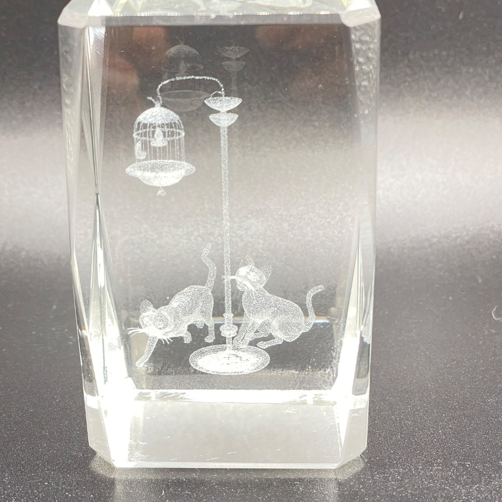 3D Laser Etched Crystal Glass Paperweight Cats Birdcage